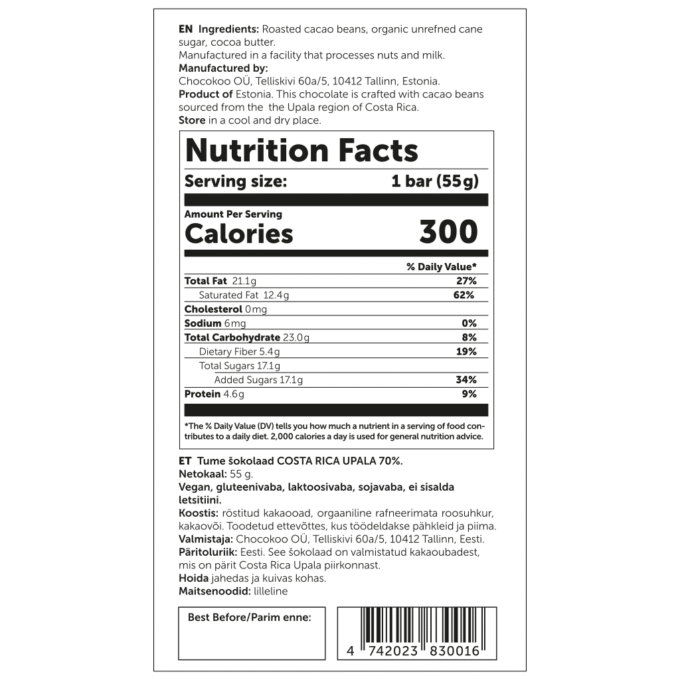 U.S. Nutrition Facts label for Chocokoo Costa Rica 70% dark chocolate bar, 55 g.