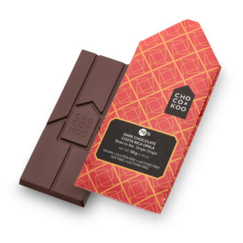 Dark chocolate bar “Costa Rica 70%”, Chocokoo, front of package (Upala).