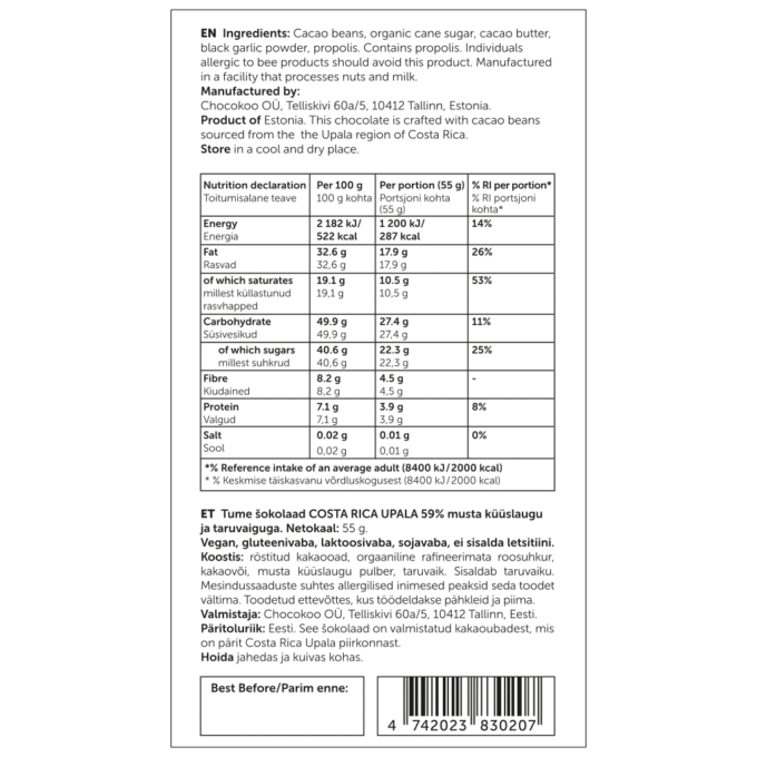 Dark Chocolate COSTA RICA UPALA 59% with Black Garlic and Propolis - Image 4
