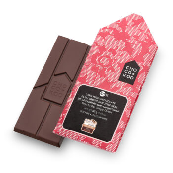El Salvador 60% dark milk chocolate with gingerbread crumbs, Chocokoo, front of package.