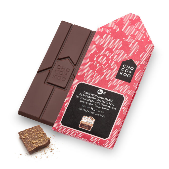 El Salvador 60% dark milk chocolate with gingerbread crumbs, Chocokoo, front of package.