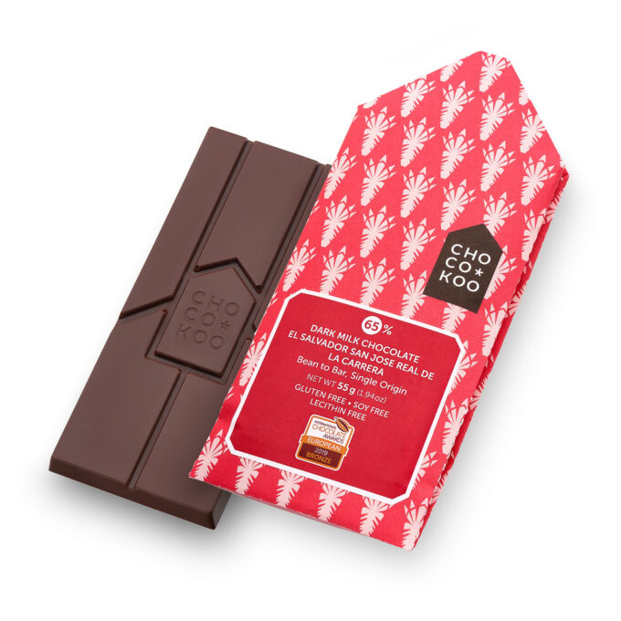 Dark milk chocolate “El Salvador 65%”, Chocokoo, front of package.