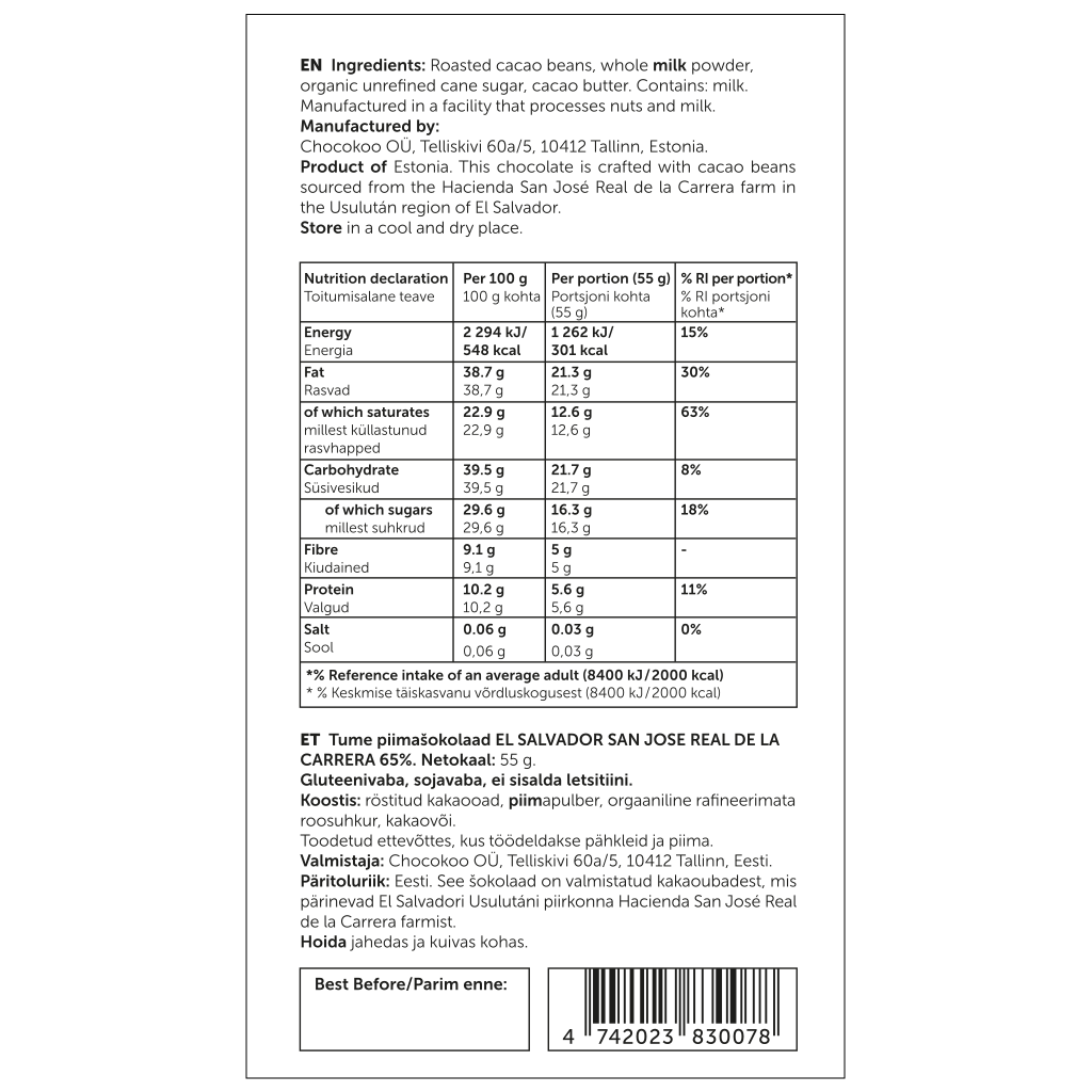 Tumma maitosuklaa EL SALVADOR SAN JOSE REAL DE LA CARRERA 65% - Image 4