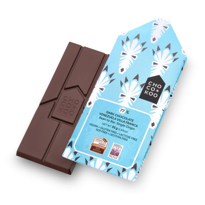 Venezuela Villa Franca 77% dark chocolate bar, Chocokoo, front of package.