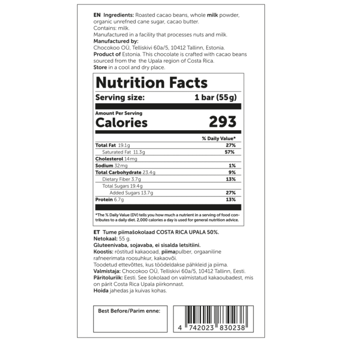 U.S. Nutrition Facts label for Chocokoo Costa Rica 50% dark milk chocolate bar, 55 g.
