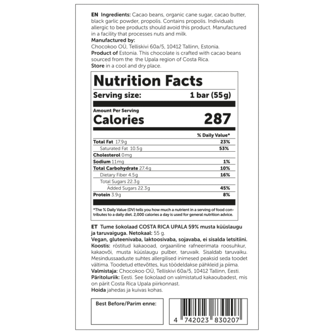U.S. Nutrition Facts label for Chocokoo Costa Rica Upala 59% dark chocolate with black garlic and propolis, 55 g.