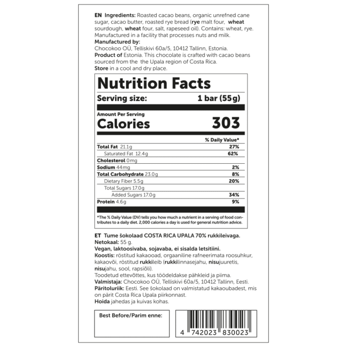 U.S. Nutrition Facts label for Chocokoo Costa Rica 70% dark chocolate with rye bread, 55 g.