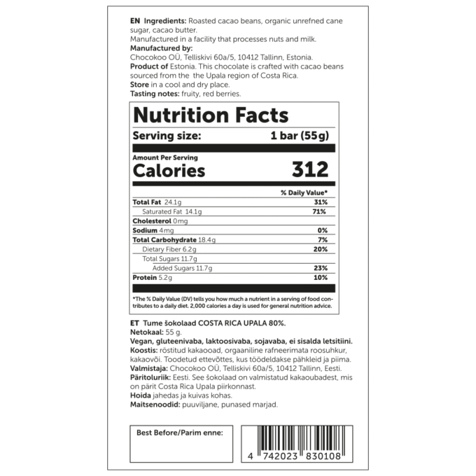 U.S. Nutrition Facts label for Chocokoo Costa Rica 80% dark chocolate bar, 55 g.