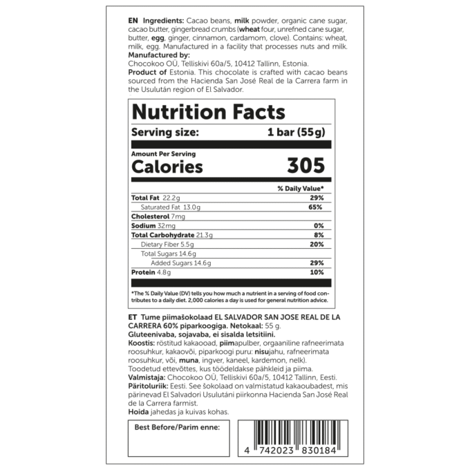 U.S. Nutrition Facts label for Chocokoo El Salvador 60% dark milk chocolate with gingerbread, 55 g.