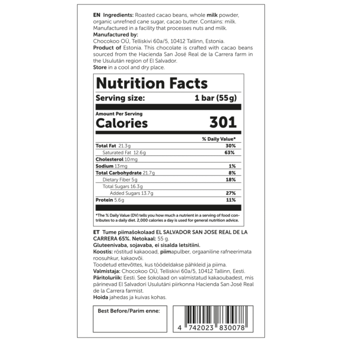 U.S. Nutrition Facts label for Chocokoo El Salvador 65% dark milk chocolate bar, 55 g.