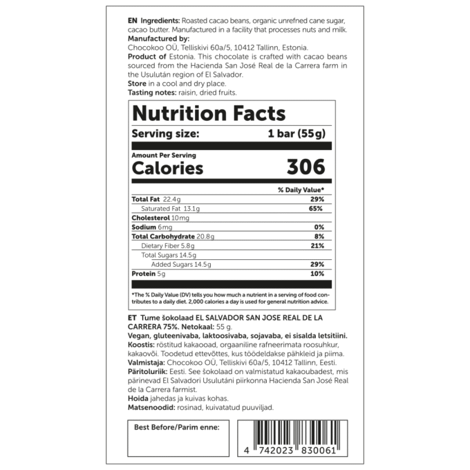 U.S. Nutrition Facts label for Chocokoo El Salvador 75% dark chocolate bar, 55 g.