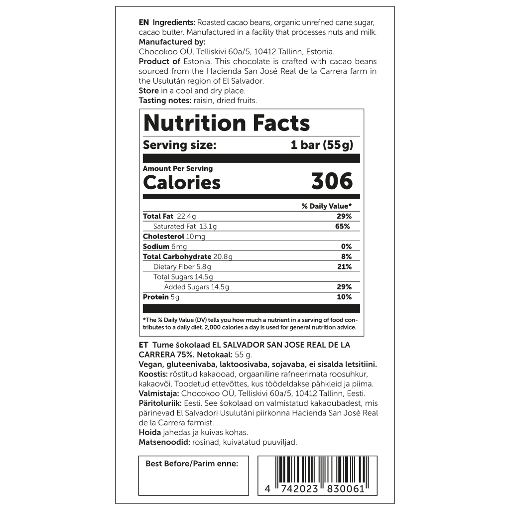 U.S. Nutrition Facts label for Chocokoo El Salvador 75% dark chocolate bar, 55 g.