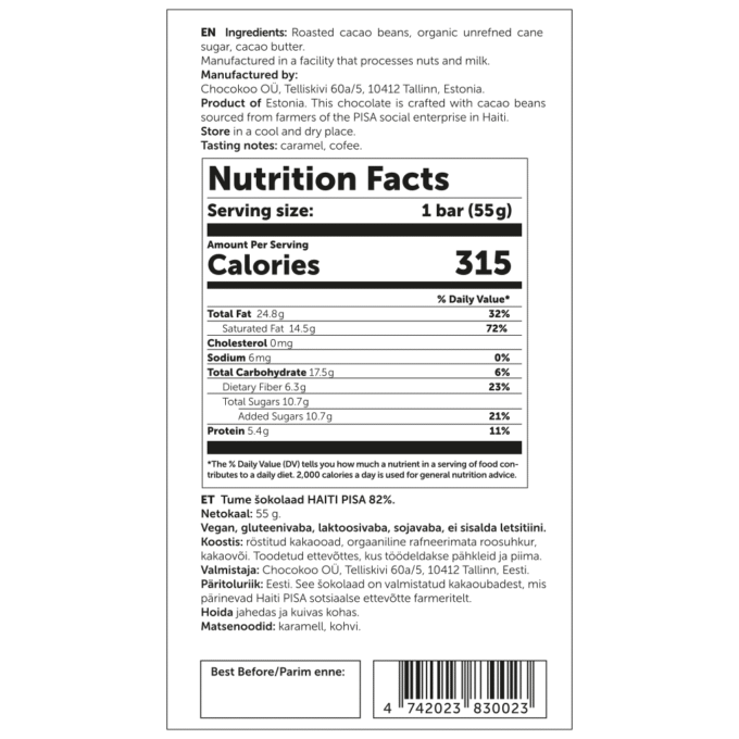 U.S. Nutrition Facts label for Chocokoo Haiti PISA 82% dark chocolate bar, 55 g.