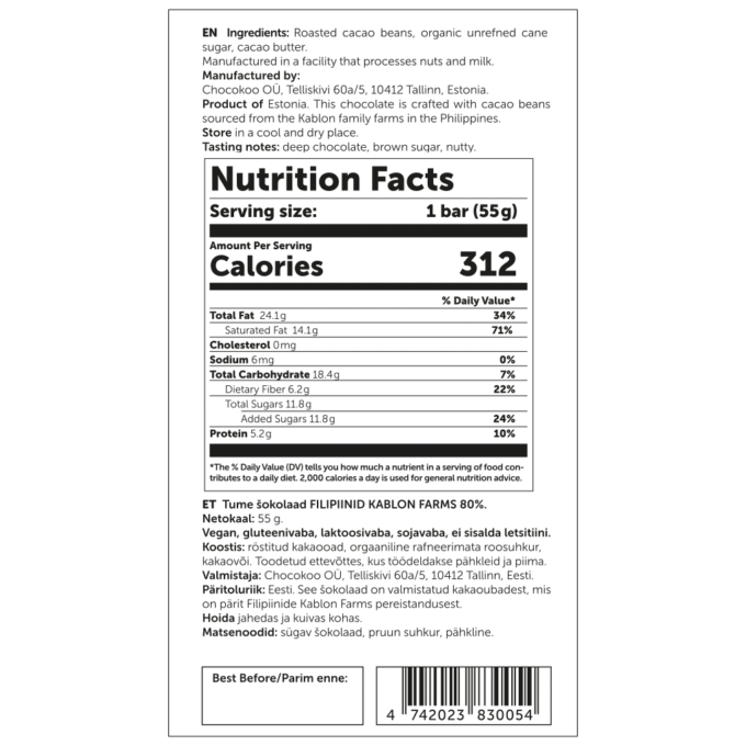 U.S. Nutrition Facts label for Chocokoo Philippines 80% dark chocolate bar, 55 g.