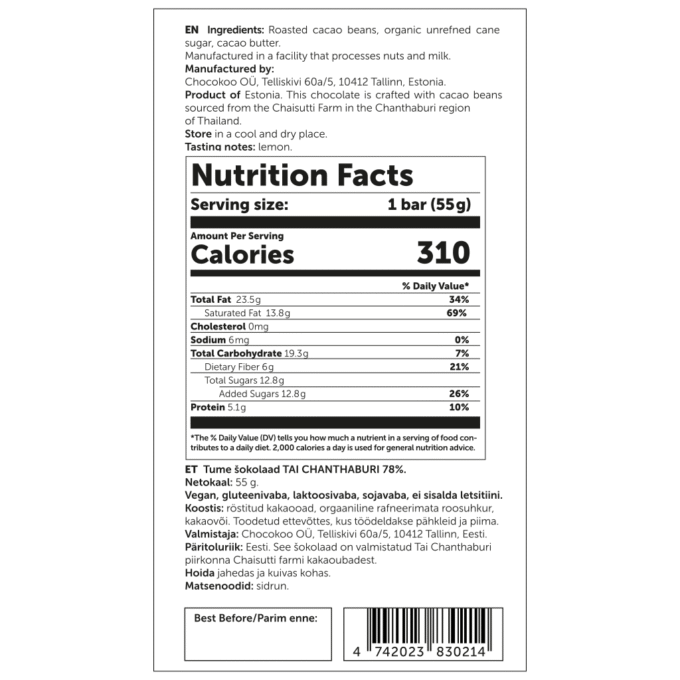 U.S. Nutrition Facts label for Chocokoo Thailand 78% dark chocolate bar, 55 g.