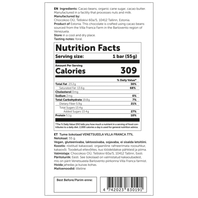 U.S. Nutrition Facts label for Chocokoo Venezuela Villa Franca 77% dark chocolate bar, 55 g.