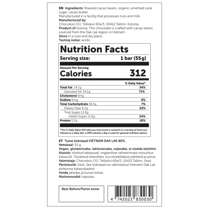 U.S. Nutrition Facts label for Chocokoo Vietnam 80% dark chocolate bar, 55 g.